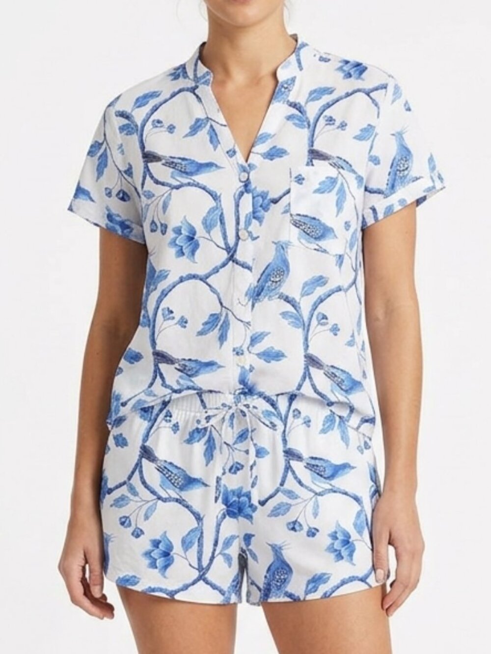Piyama White and Blue Floral Bird Print Pajama Set Women's Size XS